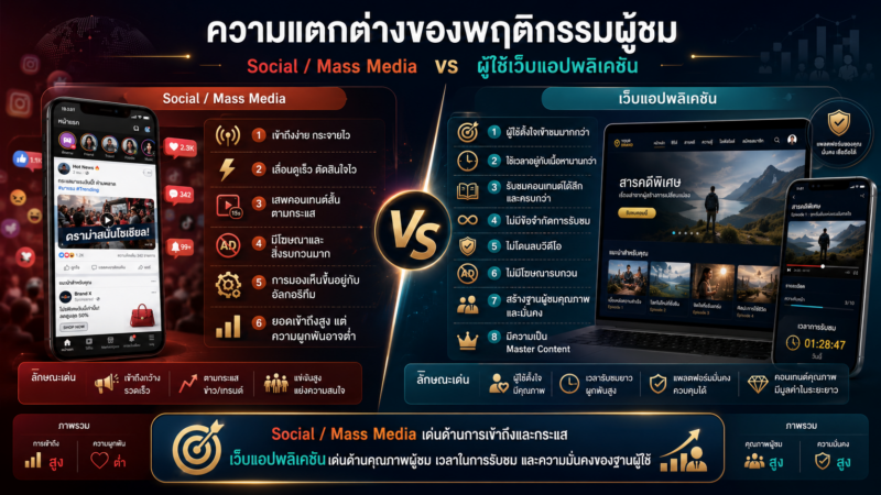 ความแตกต่างของพฤติกรรมผู้ชมบน Social / Mass Media กับผู้ใช้เว็บแอปพลิเคชัน และจุดสำคัญของเว็บไซต์และแอปพลิเคชันคือ การเป็นพื้นที่ของ “Master Content” หรือแหล่งคอนเทนต์หลักที่องค์กรเป็นเจ้าของเอง